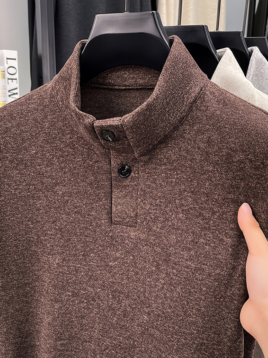 Men's Floral Yarn Stand Collar Long Sleeve Top, Multi-Color Options for Autumn, Half-Button Pullover Base Layer, Fine, Skin-Friendly, and Comfortable Fabric, Suitable for Business Commuting and Business Trips, Loose and Casual Men's Wear for Fishing - American Coffee