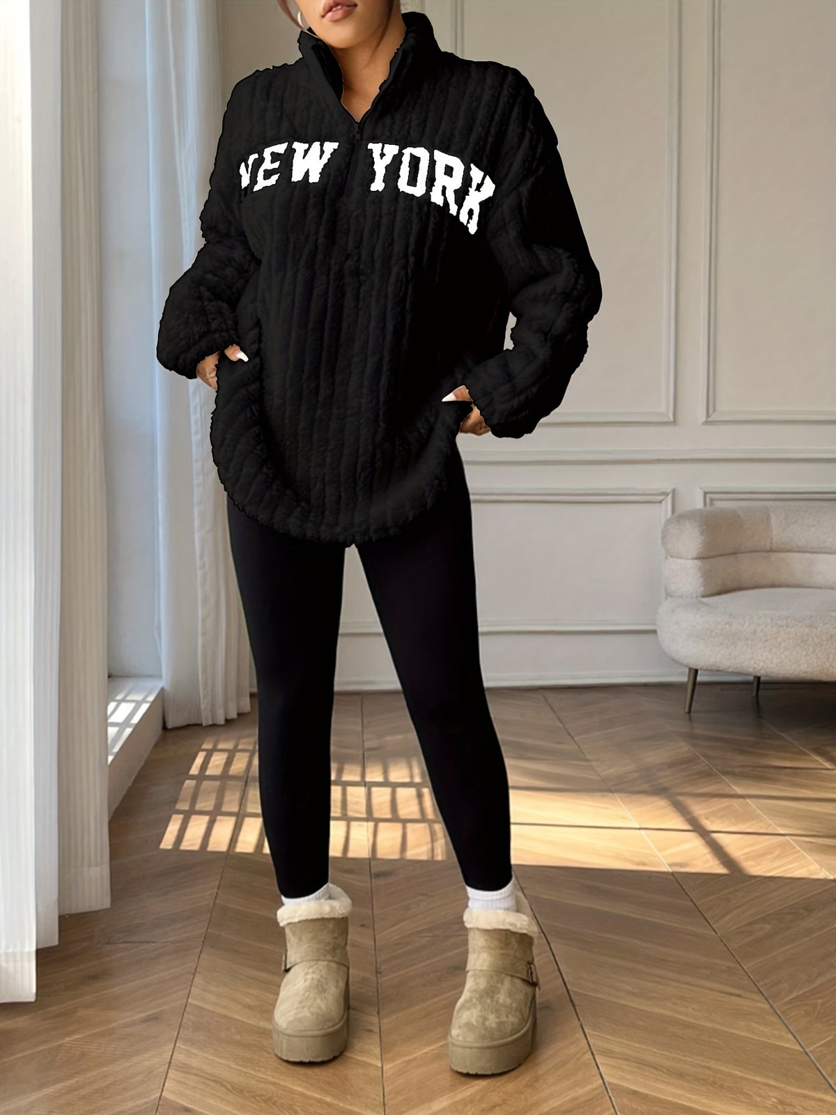 Autumn-Winter Warm Women's Letter Embroidered Stand Collar Zipper Double-Sided Pullover, Elegant Solid Color Top Coat for Women - Black
