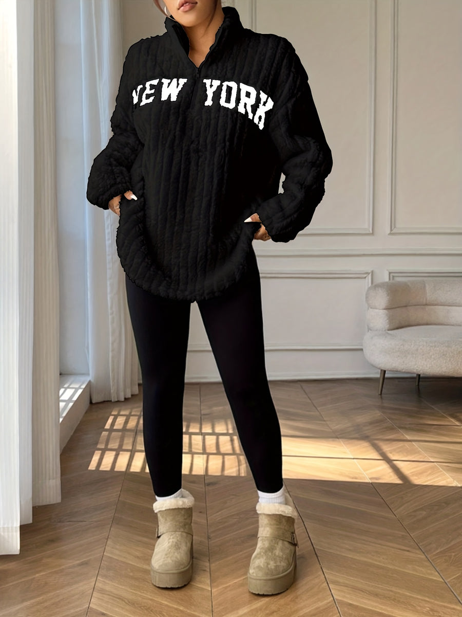 Autumn-Winter Warm Women's Letter Embroidered Stand Collar Zipper Double-Sided Pullover, Elegant Solid Color Top Coat for Women - Black