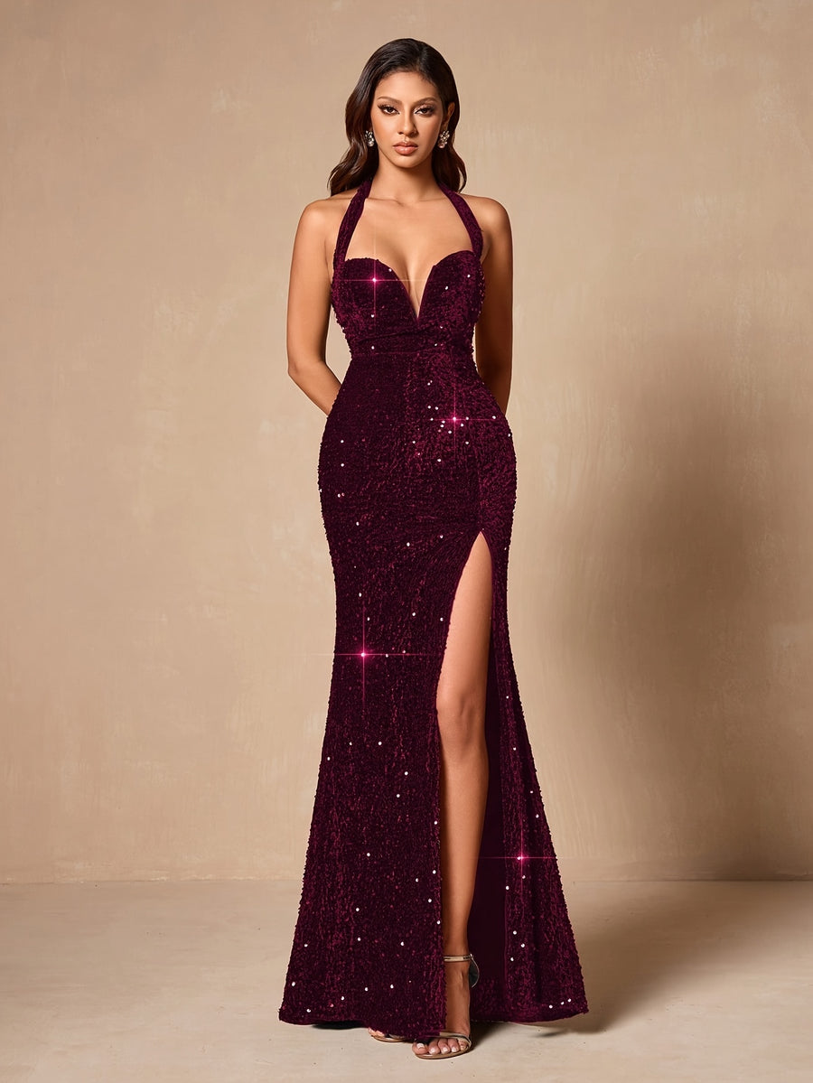 Ladies' Elegant and Dress with Sparkling Sequins Dress, Suitable for Holiday Dates, Fashionable Parties, Dinner Parties - Lingshan Exclusive L10033 - Burgundy