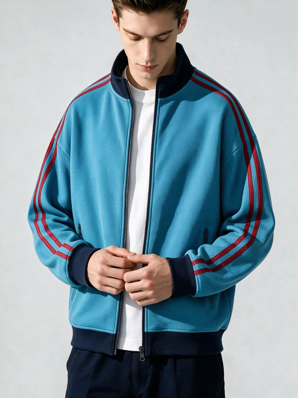 Stand Collar Striped Sports Jacket Waffle Knit Fabric Soft And Breathable Full Zip Closure for Easy Wear Double Zipper Pockets for Storage Drop Shoulder Loose Style Retro Casual, Spring, Fashion, Men, Outdoor, Quick-Dry - Azure