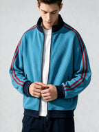 Stand Collar Striped Sports Jacket Waffle Knit Fabric Soft And Breathable Full Zip Closure for Easy Wear Double Zipper Pockets for Storage Drop Shoulder Loose Style Retro Casual, Spring, Fashion, Men, Outdoor, Quick-Dry - Azure