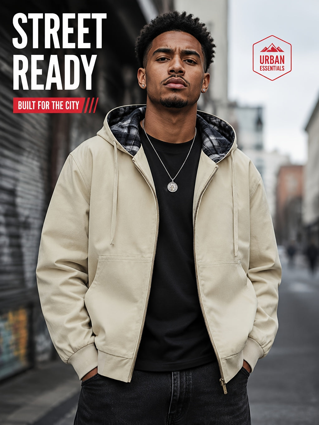 Men'S Full-Zip Hooded Jacket, Non-Removable Hood with Plaid Lining, Drawstring Hood Design, Large Kangaroo Pockets, Ribbed Cuffs And Hem, Loose Fit, Urban Street Casual Cargo Jacket - Apricot