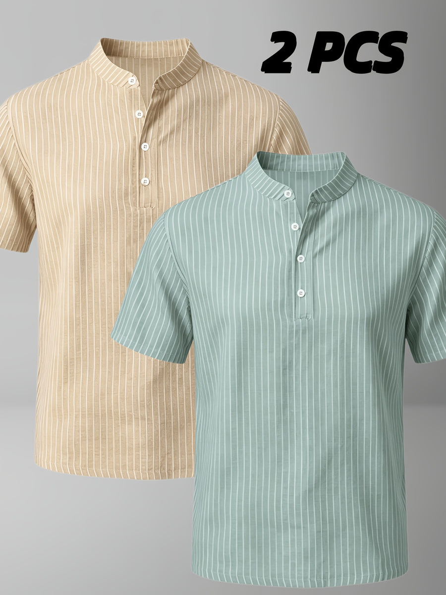 Josh Rose OBM 2pcs Men's Henley Shirts, Men's Summer Short Sleeve Regular Fit, Lightweight and Breathable, 95% Linen, Solid and Striped in Black and White, Features 4 Buttons, Suitable for Summer Daily Work, Casual, and Vacation Occasions - Khaki+Green