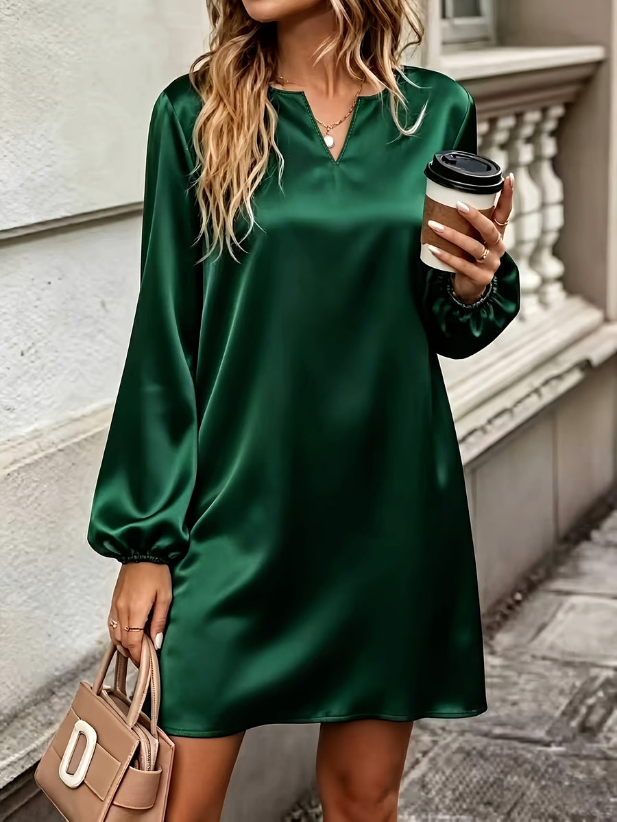 New Section Versatile Easy High-End Elegant V-Neck Solid Color Dress - Dark Green