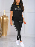 Women'S Casual Two-Piece Set with Round Neck And Short Sleeves Featuring Printed Letters - Black