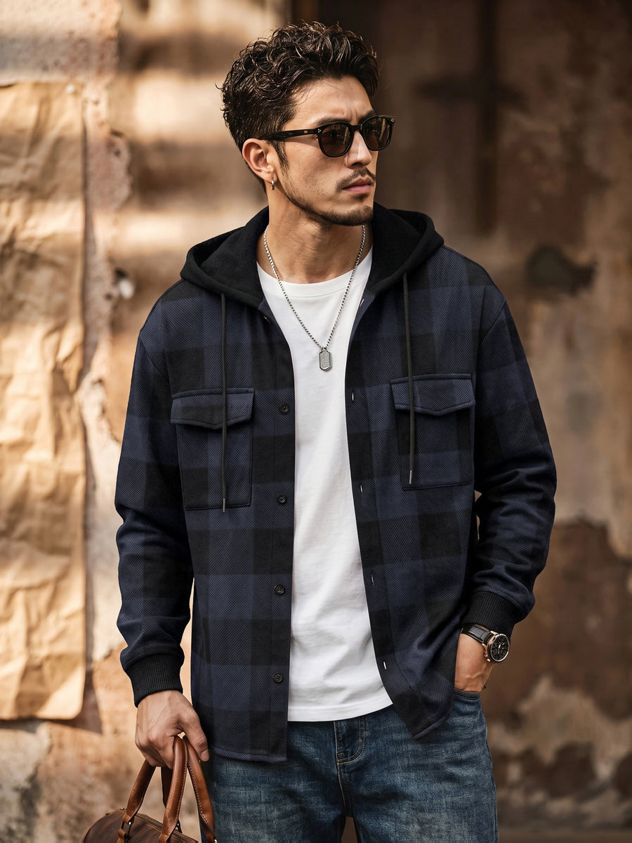 Men's Vintage Plaid Jacket, Men's Casual -Lined Shirt Jacket, Single-Breasted with Hood, Long Sleeve Outerwear, Men's Top, New Spring/Autumn Men's Outerwear - Navy Color
