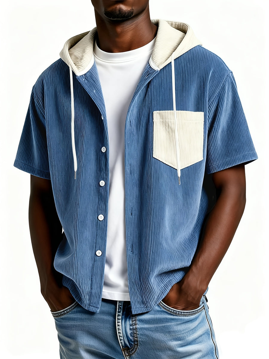 2026 New Men'S Corduroy Short Sleeve Hooded Sweatshirt, Fashionable Versatile Jacket, Comfortable Trendy Top, Suitable for Casual Outdoor Daily Wear - Blue