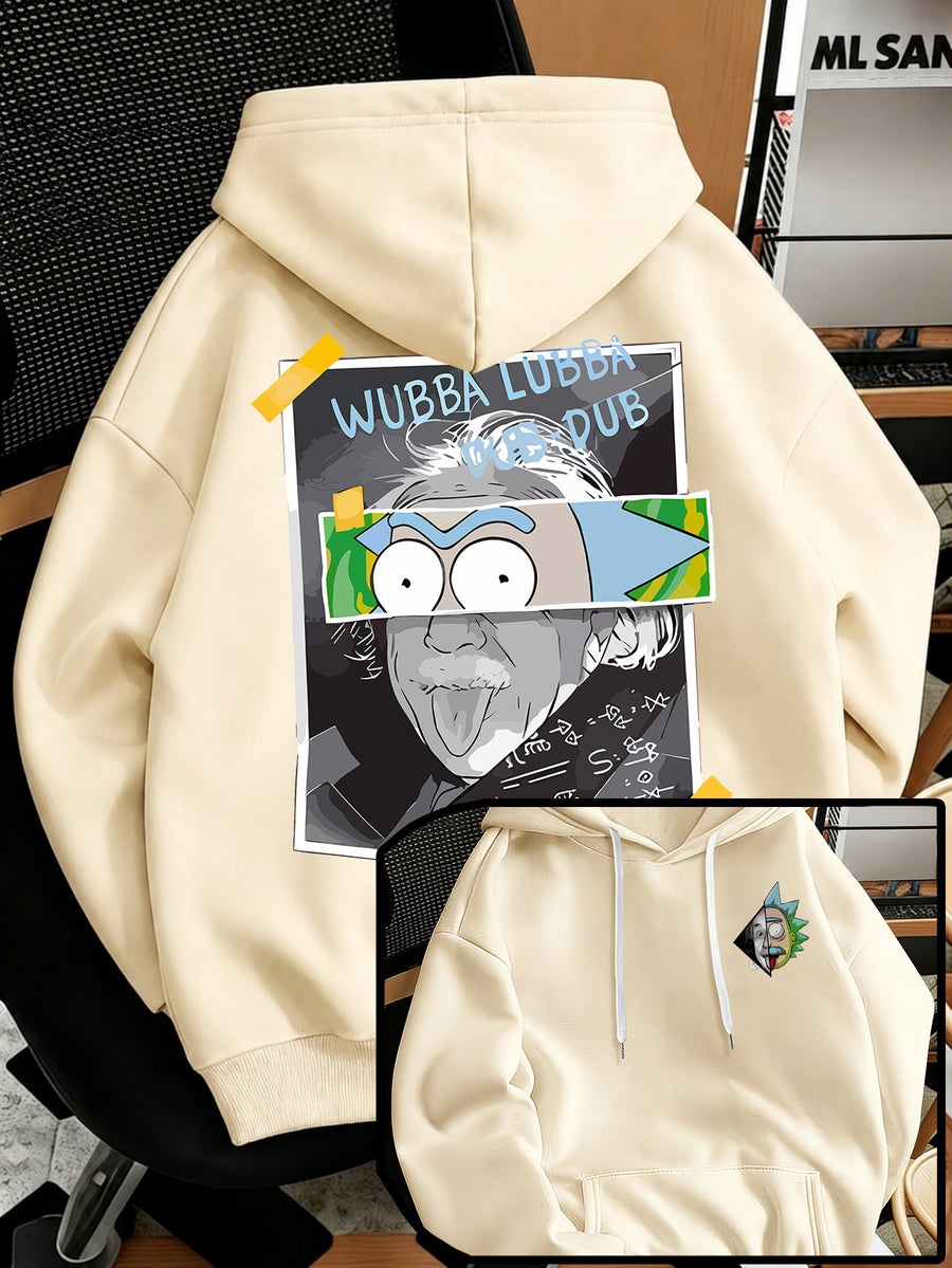 Warner Bros Official Men's Fashion Sweatshirt, Rick's Classic Catchphrase Collage Einstein Polaroid Print Design, Men's Fashion Hoodie Loose Fit with Adjustable Drawstring, -Lined Sweatshirt for Comfortable Fall/Winter Wear, Outdoor Sports Casual - Apricot