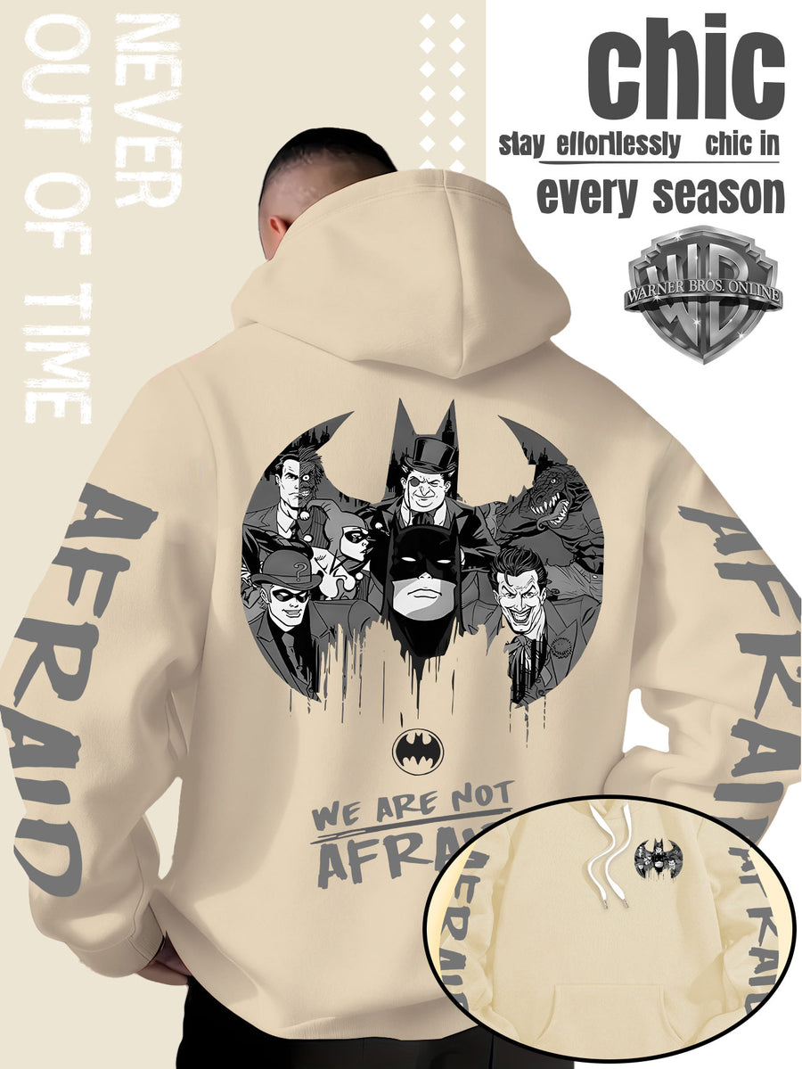 Men'S Hooded Sweatshirt Superhero Villain Group Black And White Comic Print, Batman Good And Evil Characters Gathered Design, Themed English Slogans And Rich Visuals, Dual Sleeves with Eye-Catching Graffiti Art Font - Apricot