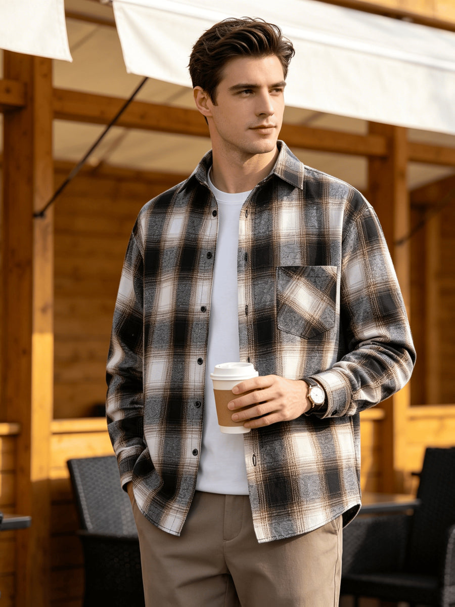 Men'S Plaid Long Sleeve Shirt, Lapel Button Design Loose Fit Fashion Casual Outdoor Street Versatile All-Season Base Layer - Khaki plaid pattern