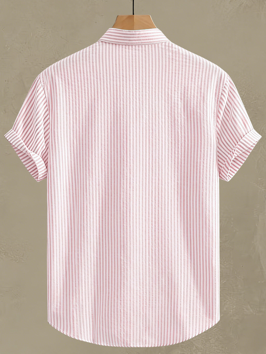 Men'S Striped Shirt Easy Print, Breathable Striped Summer Shirt, Stand-Up Collar Design Suitable for Beach Outings And Daily Casual, Beach Shirt, Outdoor Leisure, Soft Texture, Vacation Wear - Pink Color