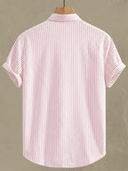 Men'S Striped Shirt Easy Print, Breathable Striped Summer Shirt, Stand-Up Collar Design Suitable for Beach Outings And Daily Casual, Beach Shirt, Outdoor Leisure, Soft Texture, Vacation Wear - Pink Color