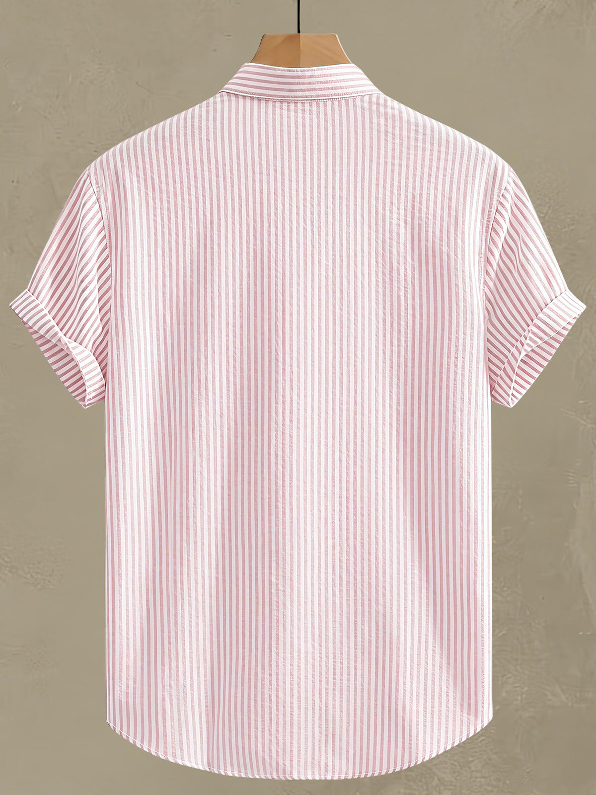 Men'S Striped Shirt Easy Print, Breathable Striped Summer Shirt, Stand-Up Collar Design Suitable for Beach Outings And Daily Casual, Beach Shirt, Outdoor Leisure, Soft Texture, Vacation Wear - Pink Color