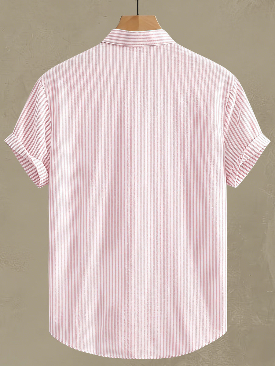 Men'S New Individual Striped Design Short Sleeve, Letter Print Pattern, Summer Lightweight Breathable Fabric, Classic Small Stand Collar, Daily Versatile Commute Essential Party Casual Outing Fashion All-Match, Trendy Shirt - Pink