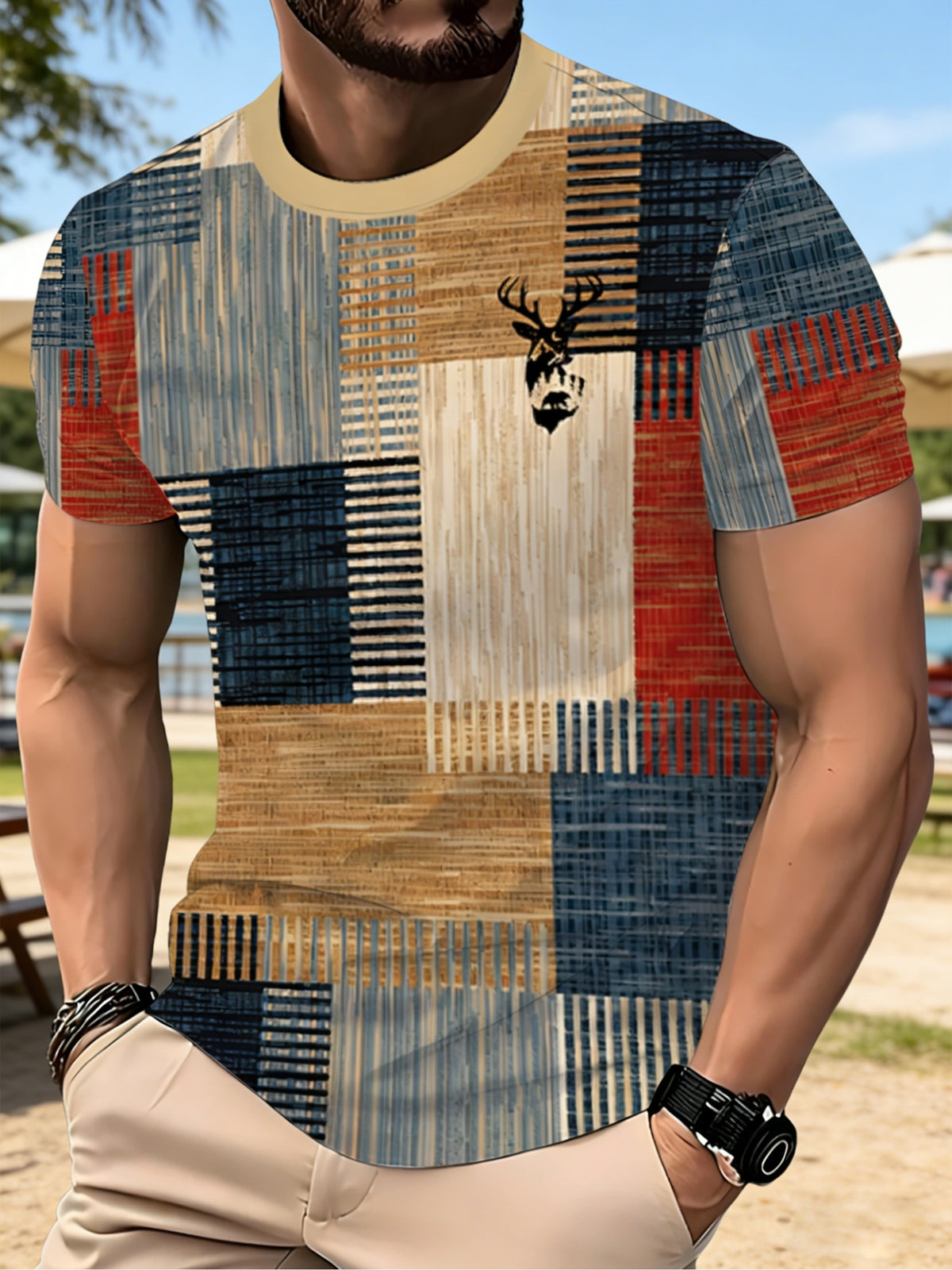 Men's Casual Deer Head Print - Digital 3D Print Patchwork Color Block Shirt - Breathable Short Sleeve Top, Color Block Collar, Machine Washable Regular Fit, Fashion Design |Durable Fabric - Mixed colors