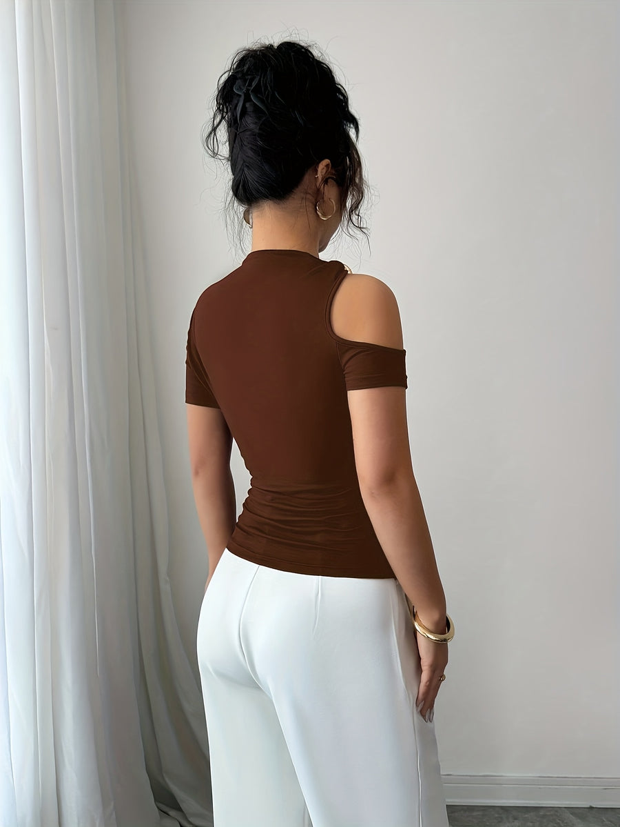 Women's Slim-Fit Fashion Short-Sleeve Top with Front Tie and Metal Buckle Detail - Coffee Brown