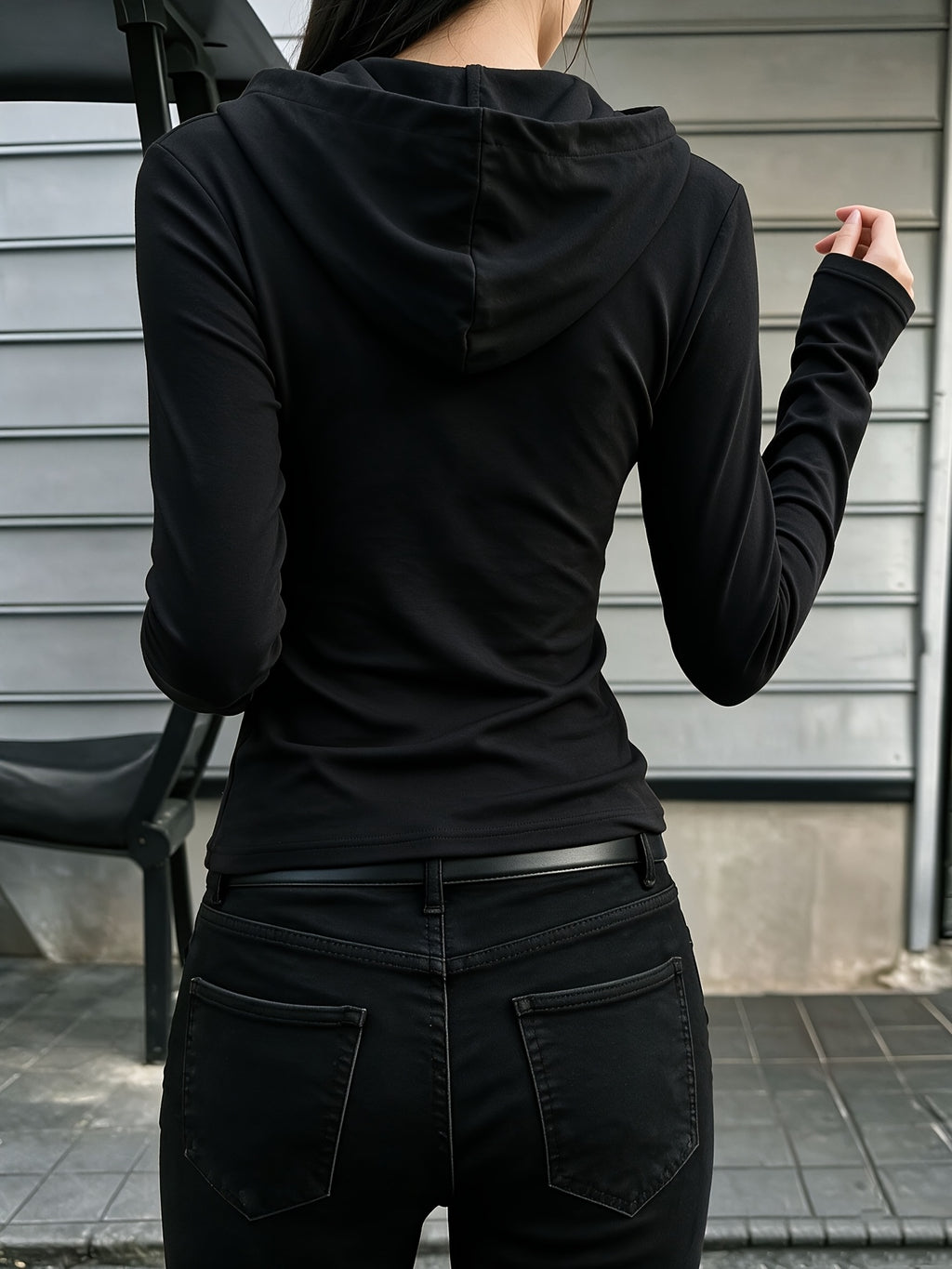 Minimalist American Street Style Vector Pattern Print Button-Up Long Sleeve Hooded T-Shirt, Slim Fit Flattering Casual Hot Base Layer Top, Fashionable Long Sleeve, Buttoned Long Sleeve, Suitable for and Outings, Comfortable Long Sleeve - Black
