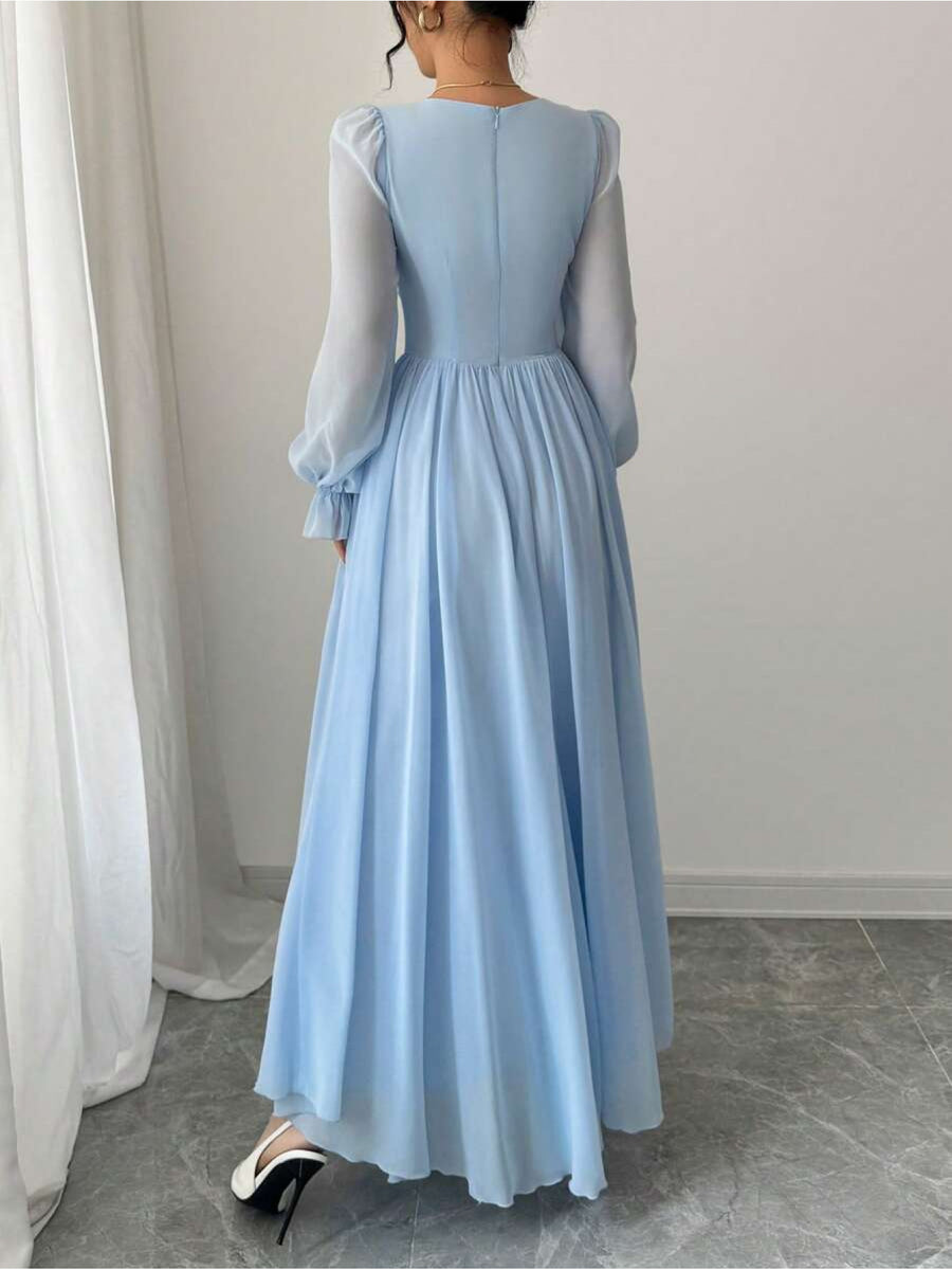 French-Style High-Waisted Pleated Sleeve Dress - Blue