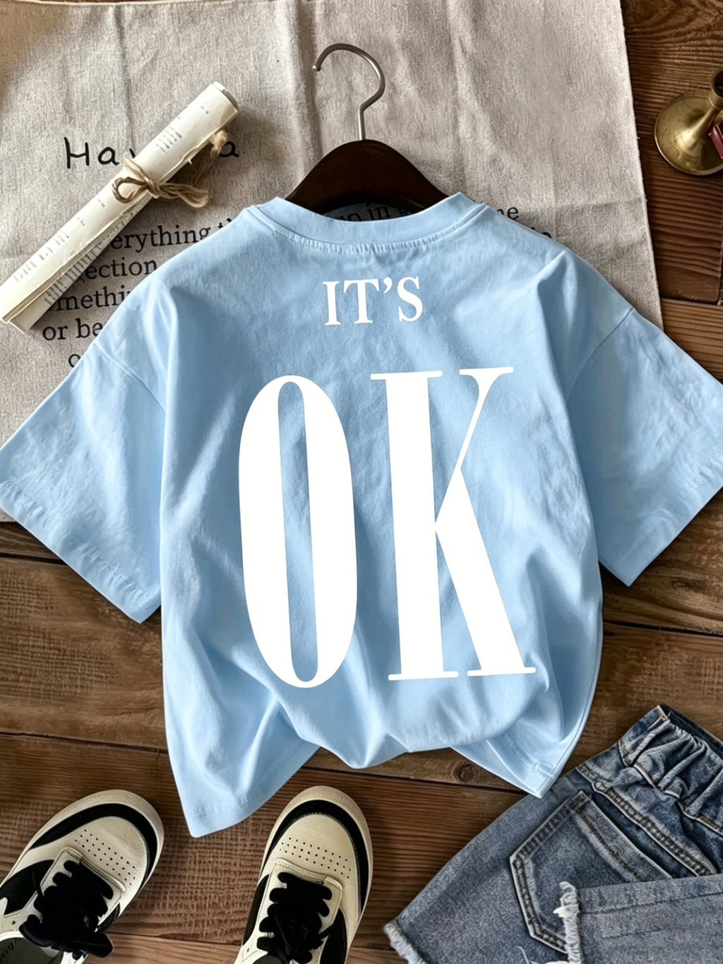 American Retro Back White Letter Print Short Sleeve T-Shirt, Basic Round Neck Casual Versatile Top - Light Blue