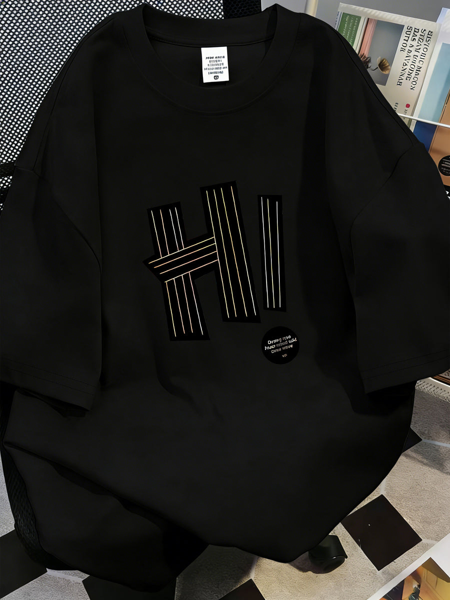 Minimalist HI Letter Print T-Shirt, Y2K Trendy Loose Casual Short Sleeves - Black