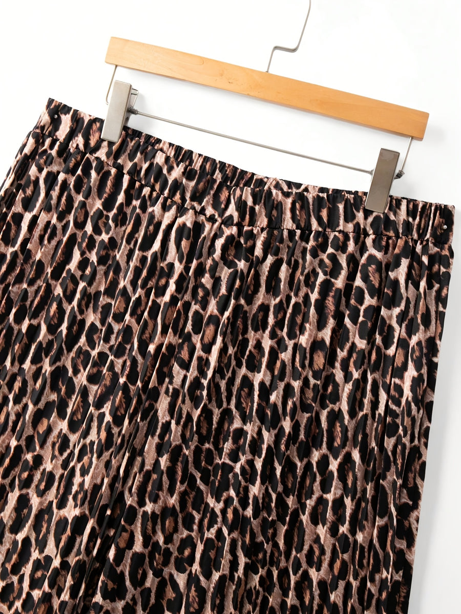 Pleated Extra-Long Wide-Leg Pants, Casual & Versatile High Waist Pants For Daily Wear, Women's Clothing - Leopard Print