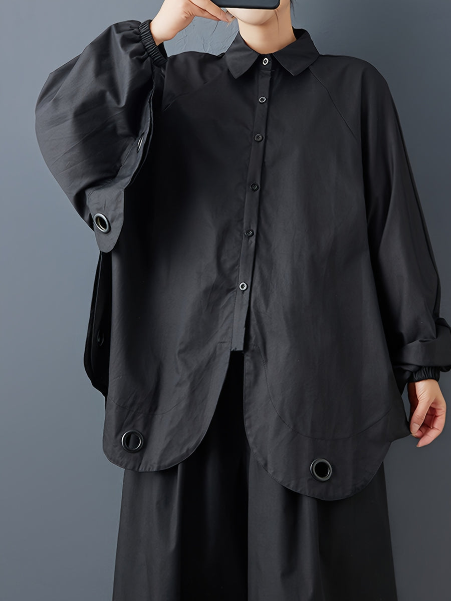 Women's Autumn Loose Fit Irregular Hem Batwing Shirt with Unique Design, Casual and Figure-Flattering Top - Black