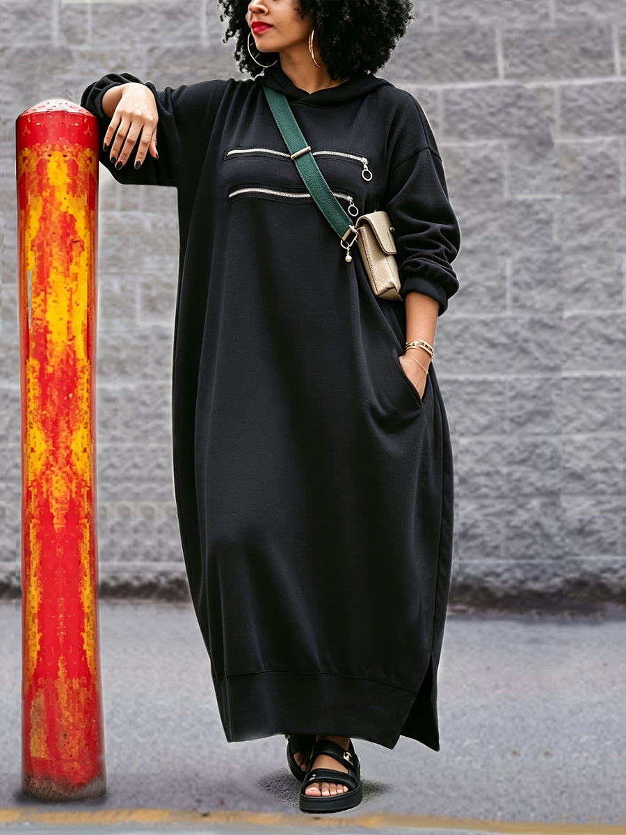 Plus Size Women Long Hooded Dress, Irregular Asymmetric Zipper Split Hem Sweatshirt Dress, Gothic Streetwear Loose Stretch Pocket Long Sleeve Hoodie Dress - Black