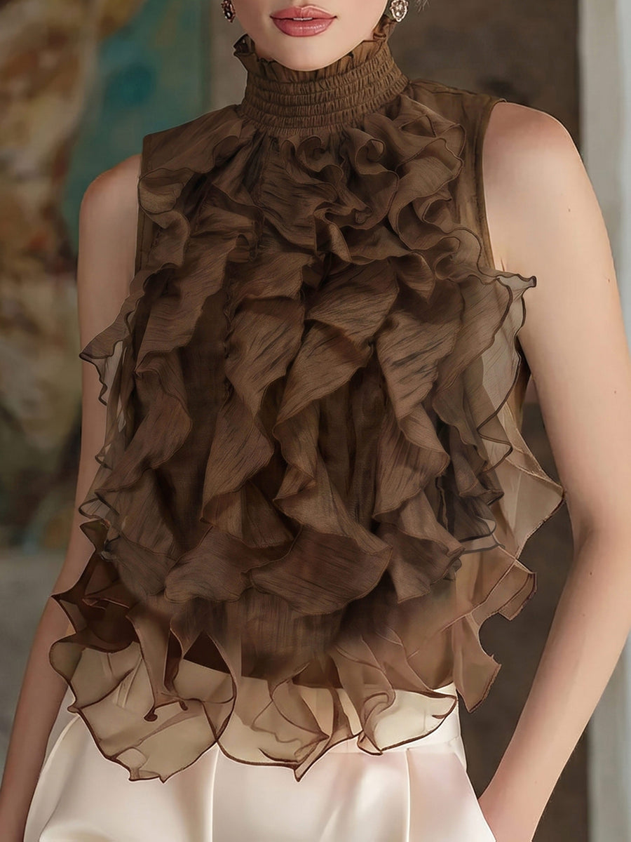 French-Style Solid Color Sleeveless High Neck Mesh Top with Three-Dimensional Ruffled Layered Mesh, Sweet and Skin- Atmospheric Gown, Socialite Style Top - Dark Brown