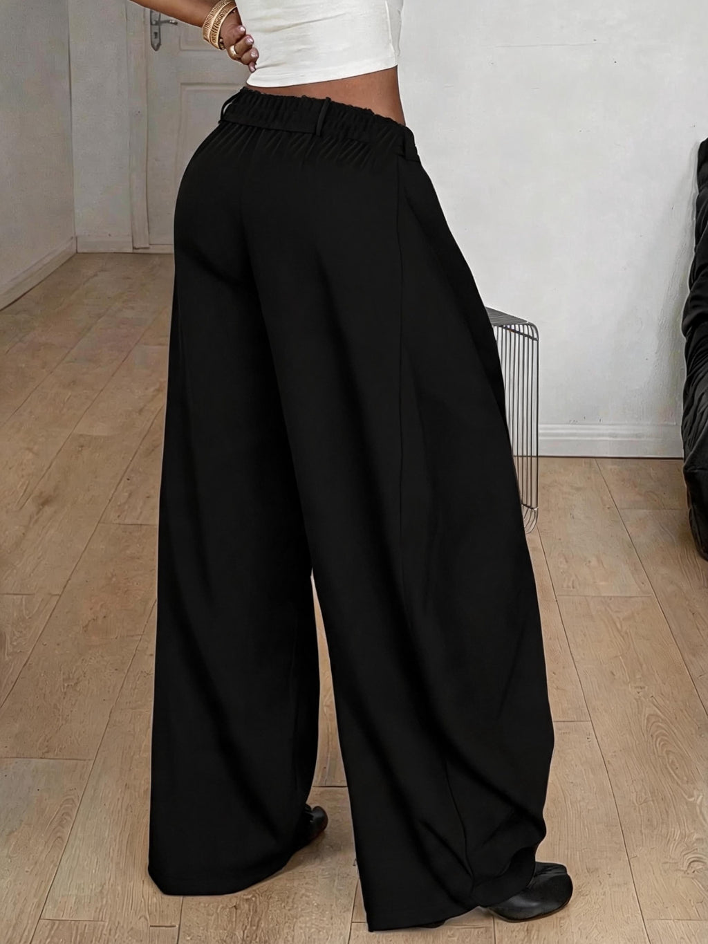 Women'S Retro Striped Wide-Leg Trousers with Cross-Waist Head Loose Drapey Floor-Length Pants Casual Suit Trousers - Black