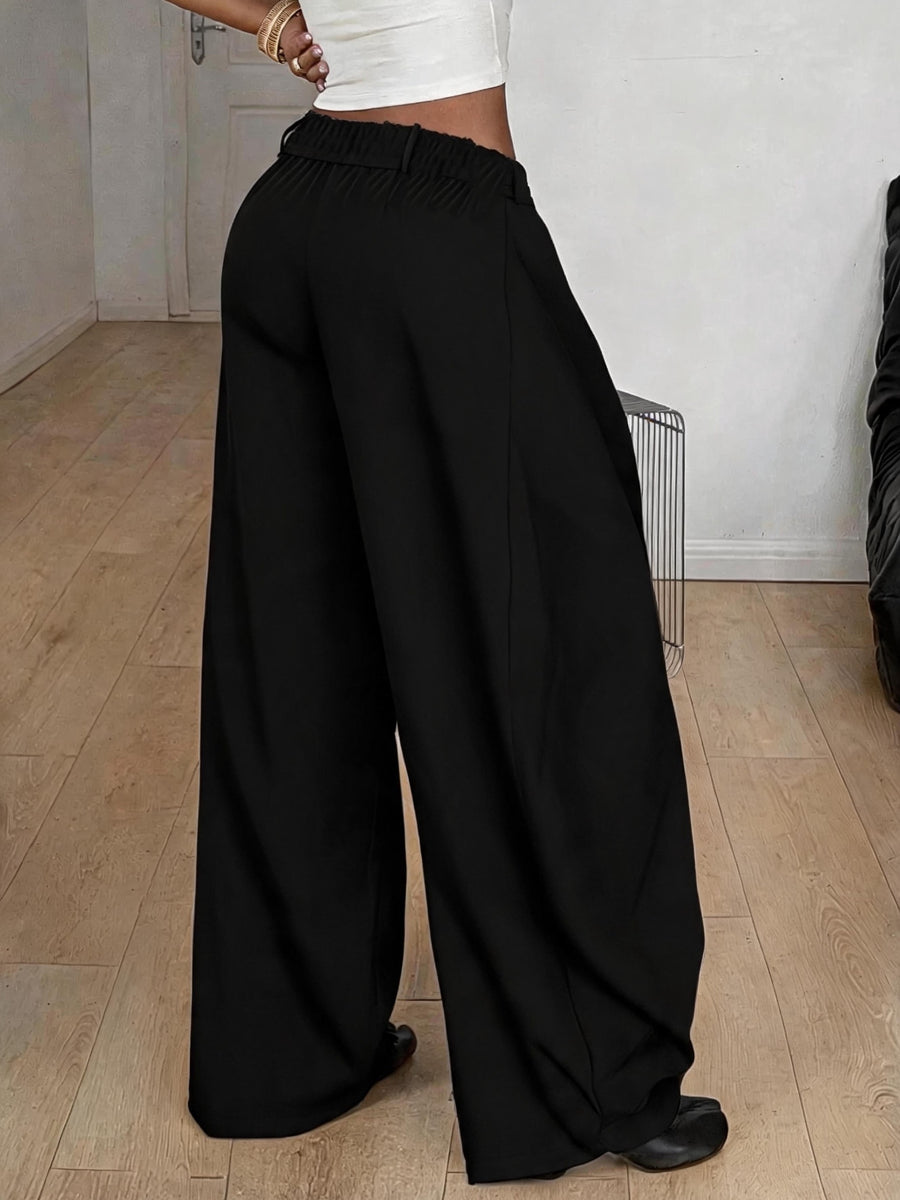 Women'S Retro Striped Wide-Leg Trousers with Cross-Waist Head Loose Drapey Floor-Length Pants Casual Suit Trousers - Black