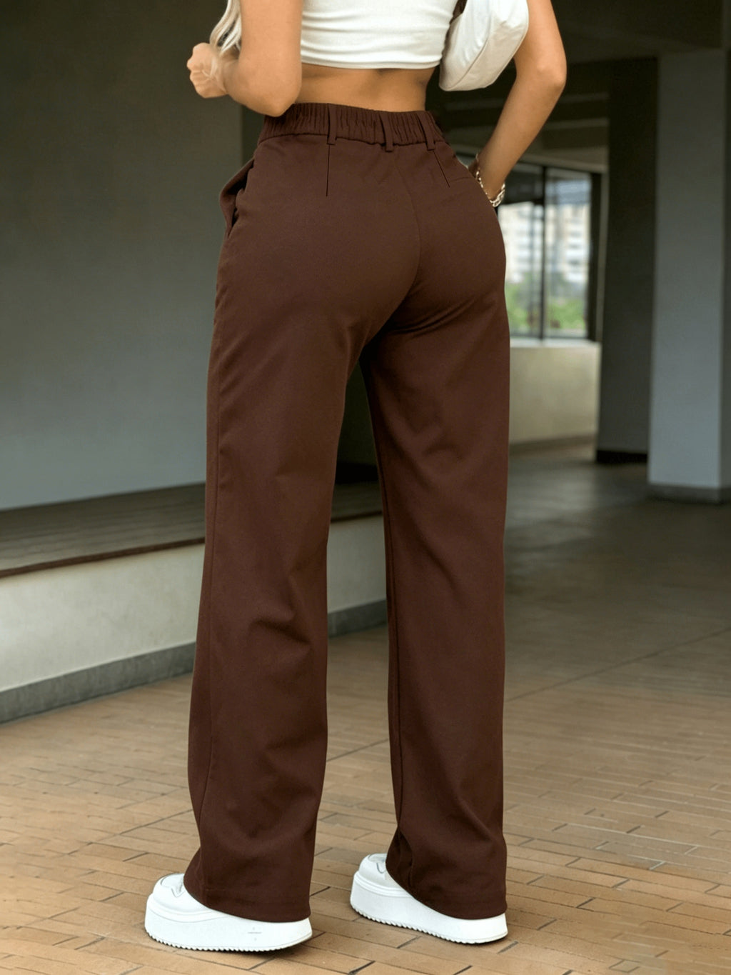 HMY Western Style High-Waist Button-Fly Wide-Leg Trousers, Drape Commute Casual Straight Suit Pants And - Dark Brown