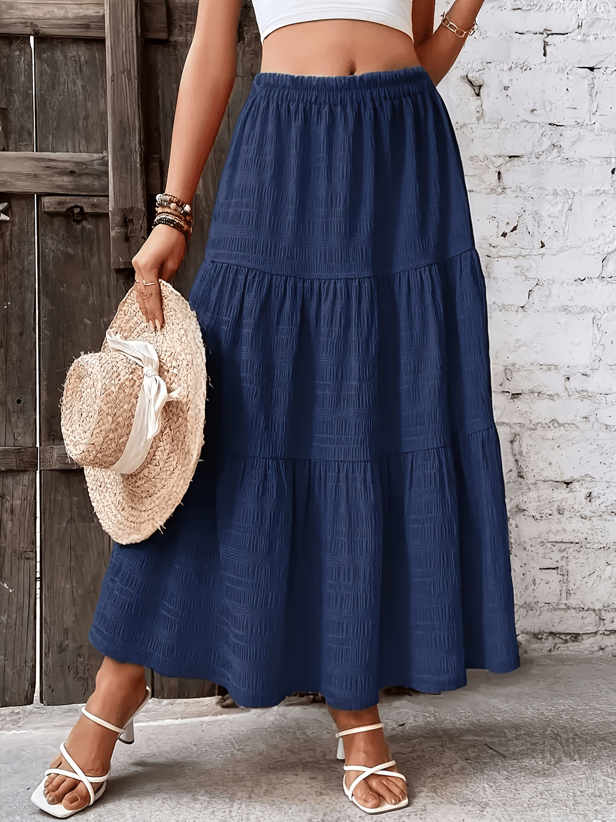 Elegant Solid Color Pleated Skirt for Vacation - Navy Color