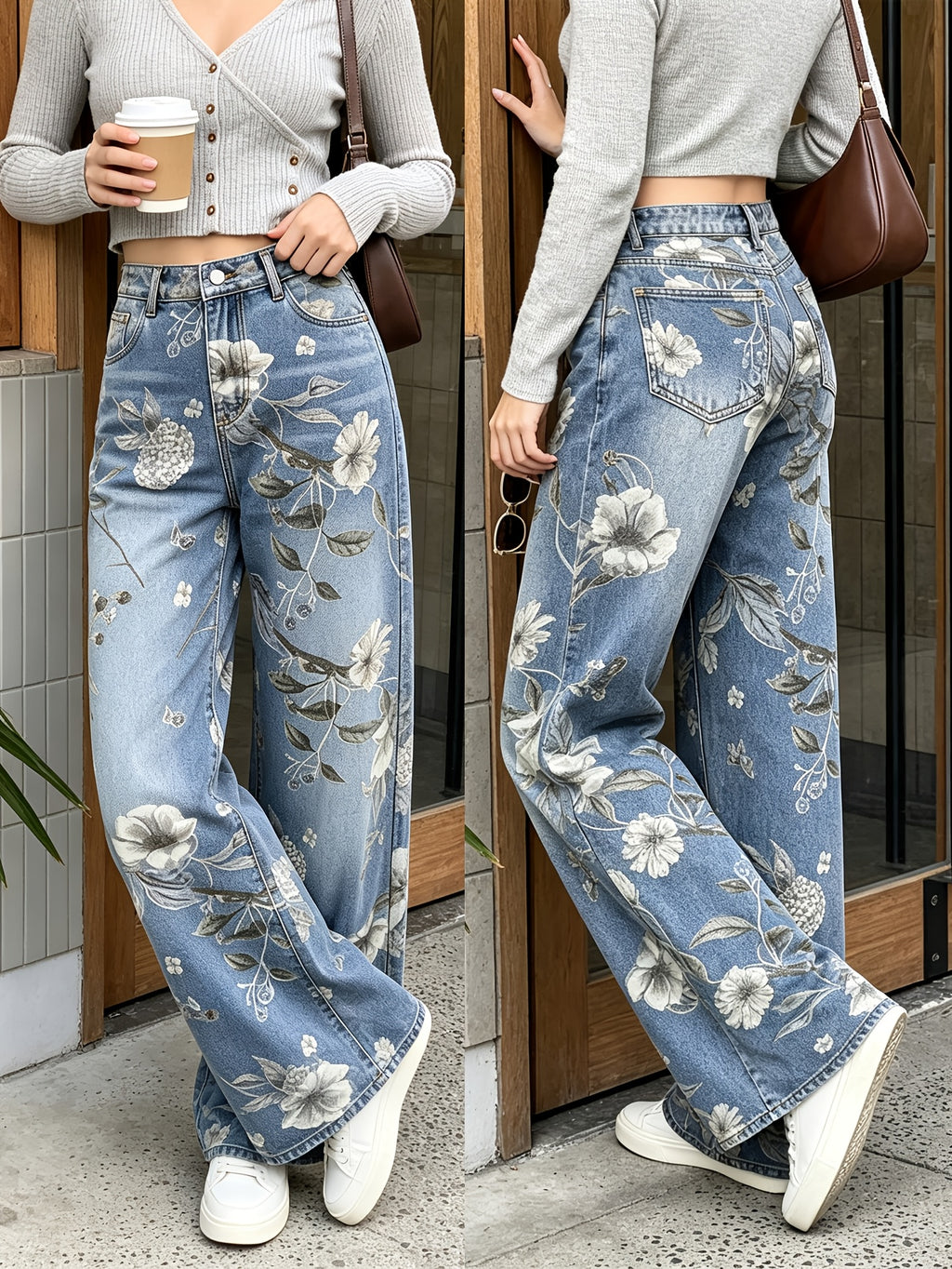 Vintage Boho Low-Rise Wide Leg Jeans for Women, Floral Print Whiskering Denim Trousers - Bright Steel Blue