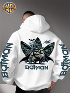 Warner Bros. Official 1pc Men's Hooded Long-Sleeve Sweatshirt - Batman Gotham Night Scene Multi-Panel Print + BATMAN Drip Graffiti Letter Creative Graphic Print, Letter Print on Both Sleeves, Cool DC Superhero IP Graphic Hoodie, Skin-Friendly - White
