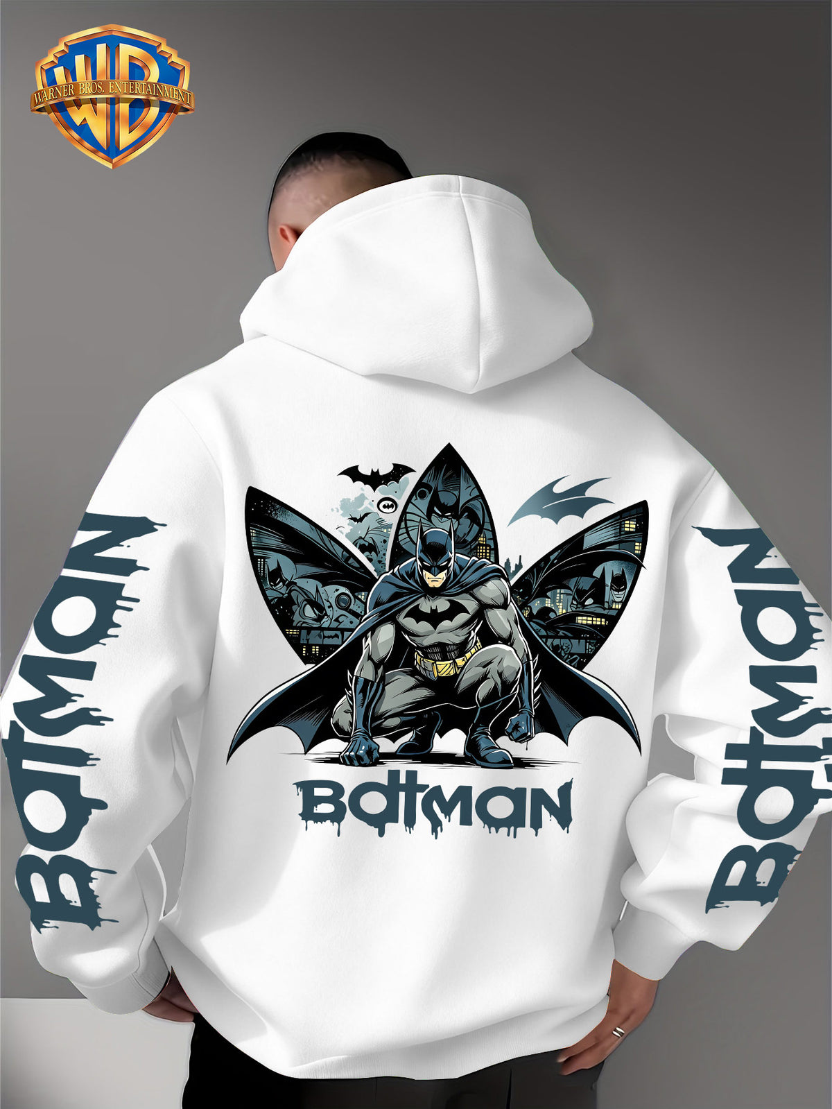 Warner Bros. Official 1pc Men's Hooded Long-Sleeve Sweatshirt - Batman Gotham Night Scene Multi-Panel Print + BATMAN Drip Graffiti Letter Creative Graphic Print, Letter Print on Both Sleeves, Cool DC Superhero IP Graphic Hoodie, Skin-Friendly - White
