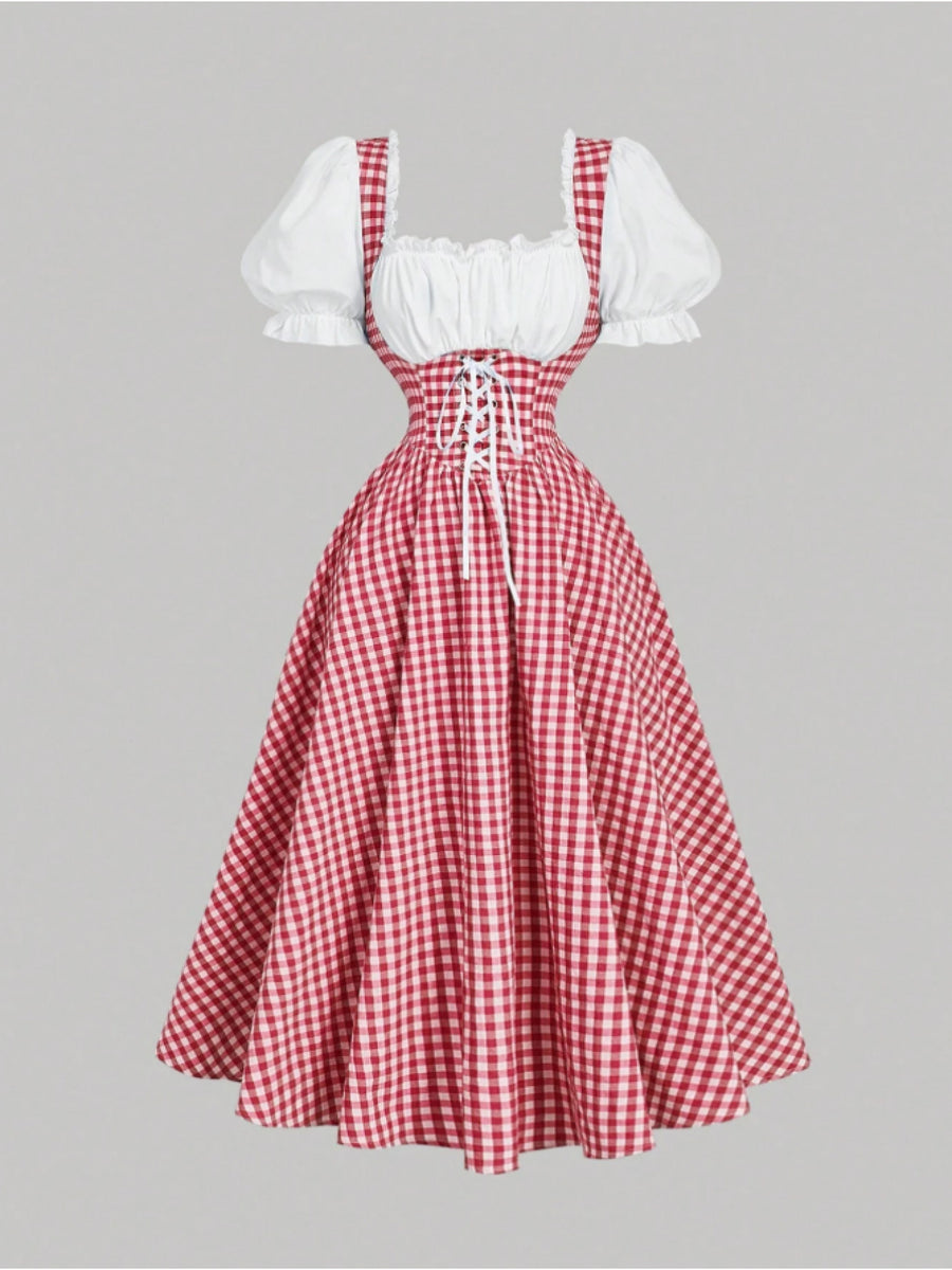 Vintage Plaid Patchwork Women's Dress, Summer Dress, Vacation Outfit, Summer Women's Wear, Suit Style Women's Dress, Country Style, Beach Vacation Outfit, Bohemian Style Women's Dress, Easter Dress, Old Money Style, Fashionable Elegant Beautiful - Red And White