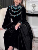 Ramadan Saudi Arabia Abaya Robe, Velvet Zipper Green Water Drop Rhinestone Middle Eastern Dress - Black