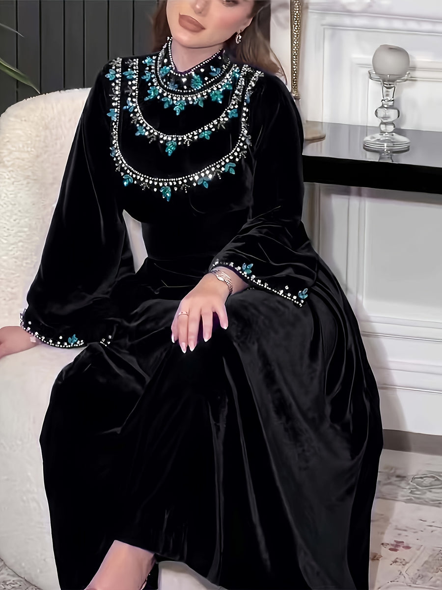 Ramadan Saudi Arabia Abaya Robe, Velvet Zipper Green Water Drop Rhinestone Middle Eastern Dress - Black