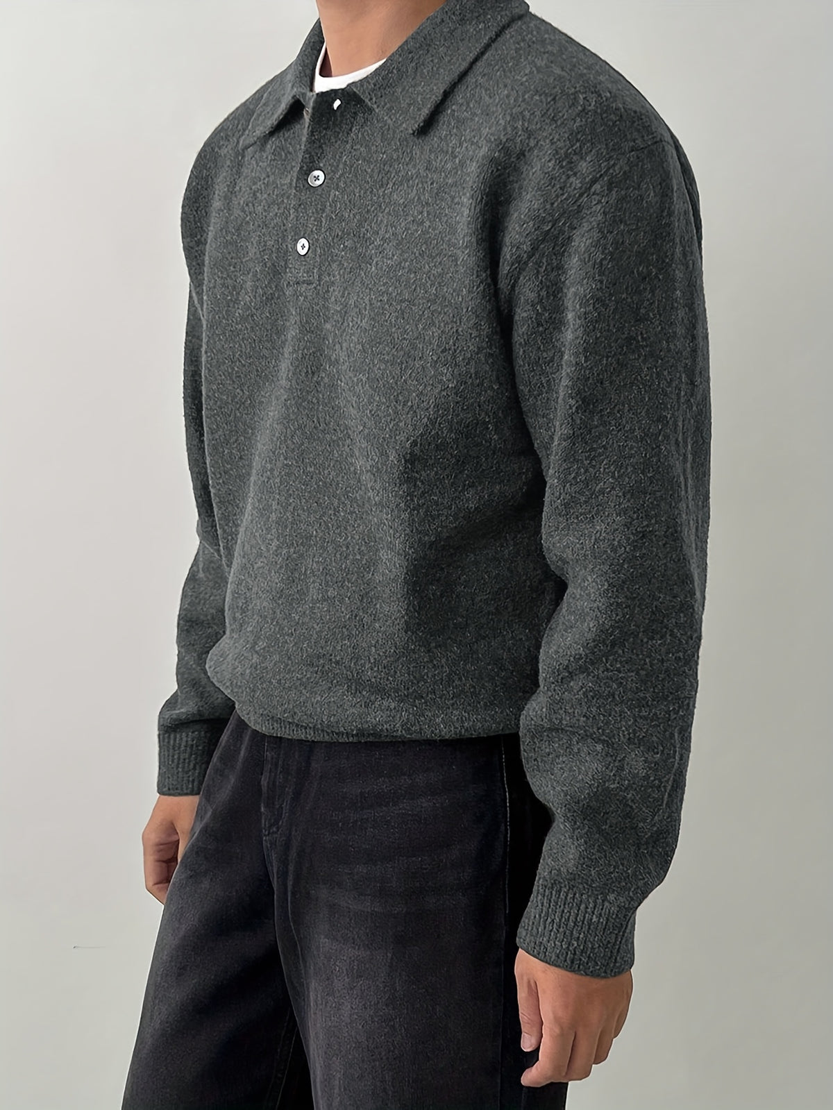 Men's POLO Collar Sweater for Autumn/Winter, Lazy-Style High-End Winter Pullover, Inner Layer Base Top, Lapel Knit Outerwear, Thick Jacket - Dark Gray