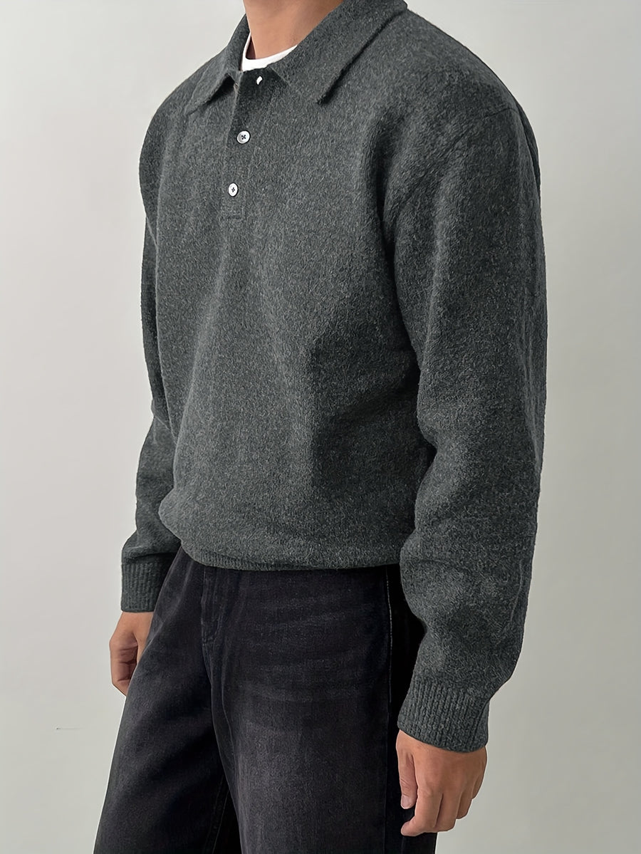 Men's POLO Collar Sweater for Autumn/Winter, Lazy-Style High-End Winter Pullover, Inner Layer Base Top, Lapel Knit Outerwear, Thick Jacket - Dark Gray