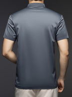 [Josh Mei Obm] Summer Men'S Solid Color Short Sleeve Zipper T-Shirt, Mid-Age Casual Stand-Up Collar Pullover Top - Grey