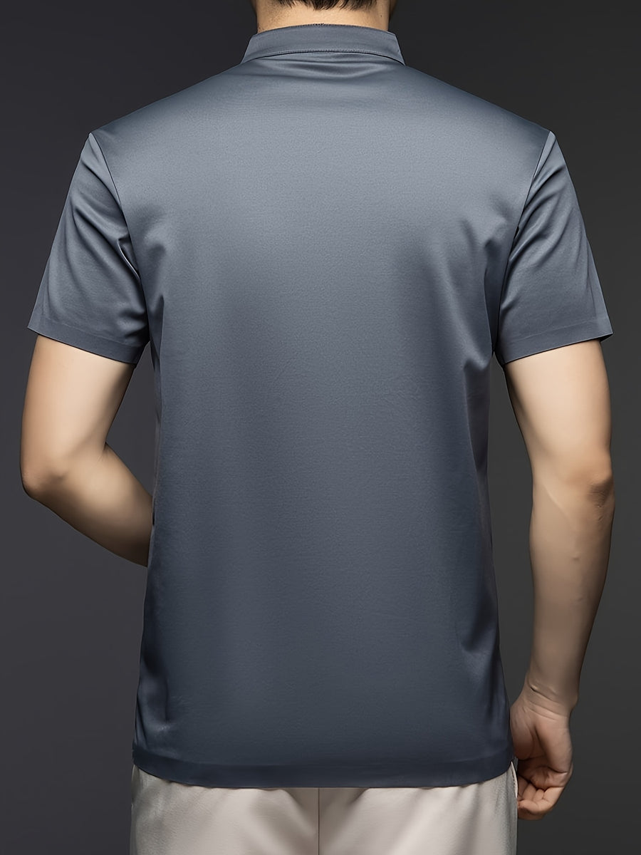 [Josh Mei Obm] Summer Men'S Solid Color Short Sleeve Zipper T-Shirt, Mid-Age Casual Stand-Up Collar Pullover Top - Grey