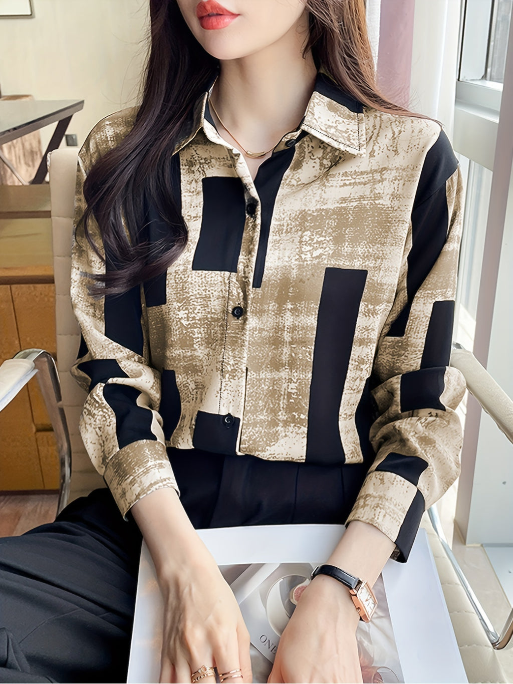 Chic Floral Print Long Sleeve Shirt for Women - Casual Collared Top with Button Detail, Machine Washable - Perfect for Spring & Fall, Loose Slimming, Square Print - Coffee Brown