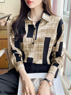 Chic Floral Print Long Sleeve Shirt for Women - Casual Collared Top with Button Detail, Machine Washable - Perfect for Spring & Fall, Loose Slimming, Square Print - Coffee Brown
