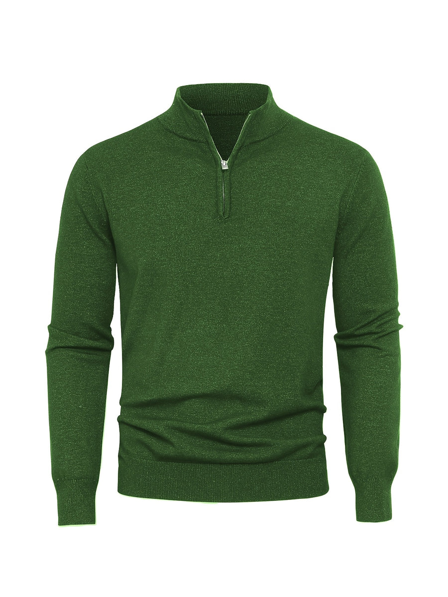 2025 New Men's Casual Solid Color Knit Zip-Front Sweater - Thickened Warm Top - Fashionable Minimalist Style with Medium Stretch for Daily Comfort, Men's Essential Cold-Weather Item, High-Quality Autumn/Winter Fashionable and Mature Pullover - Dark Grey Green