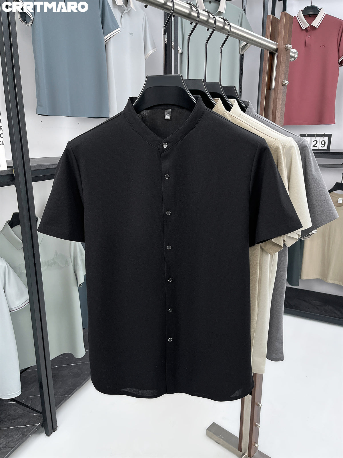 Kartmar CRRTMARO Summer New Chinese Stand-Up Collar Shirt Men'S Short Sleeve High-End Mandarin Collar Dress Shirt Business Casual Men'S Top Tiamai - Black