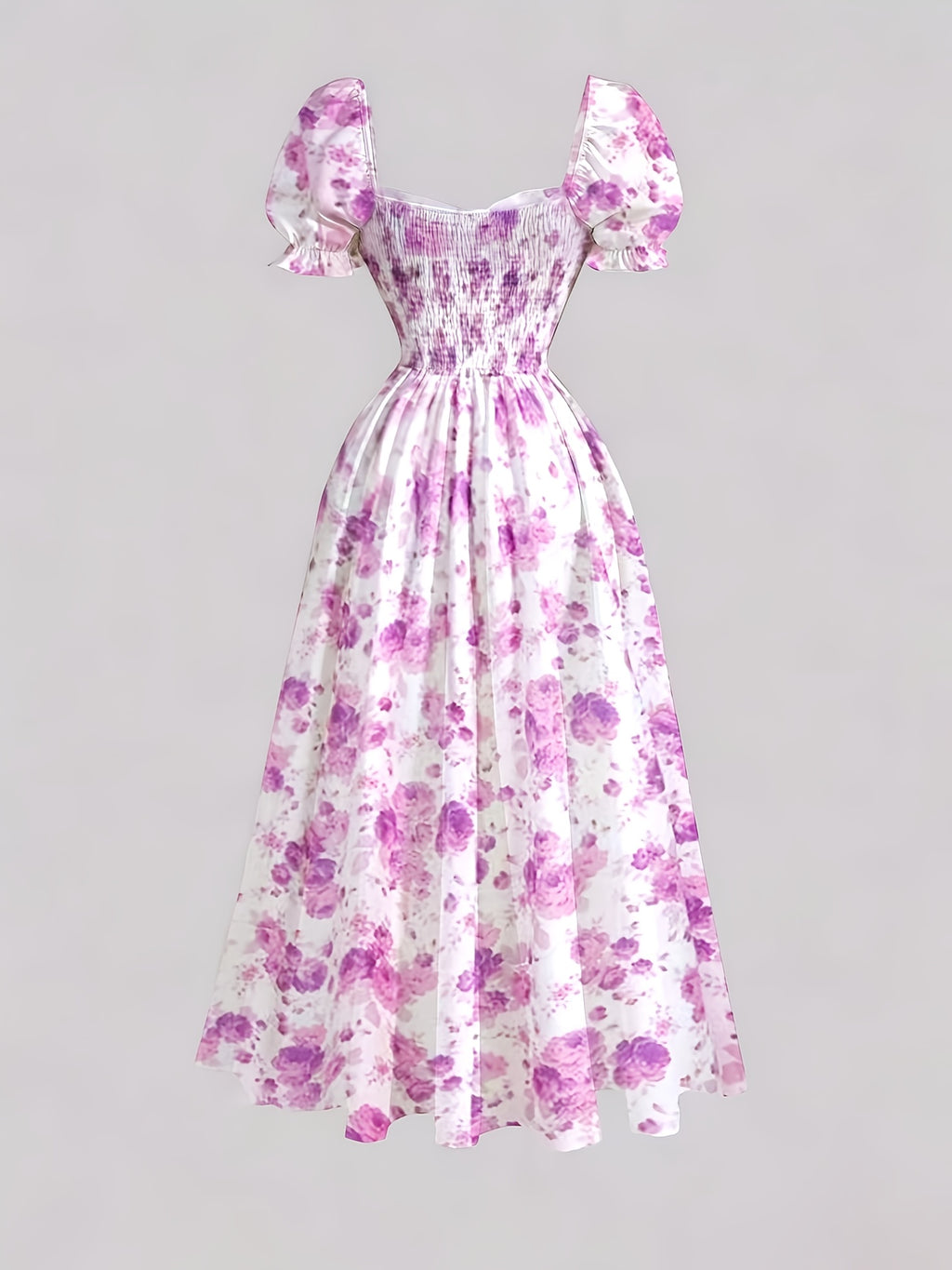 Ladies' New Spring And Summer Elegant Floral Print Long Dress, Bubble Sleeve Design, Front Waist Tie, Back Waist Shirred Waist, Elegant And Flowing, Romantic Long Dress, Suitable for Daily Wear, Party Gatherings, Vacation Holidays - Violet
