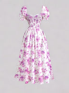 Ladies' New Spring And Summer Elegant Floral Print Long Dress, Bubble Sleeve Design, Front Waist Tie, Back Waist Shirred Waist, Elegant And Flowing, Romantic Long Dress, Suitable for Daily Wear, Party Gatherings, Vacation Holidays - Violet