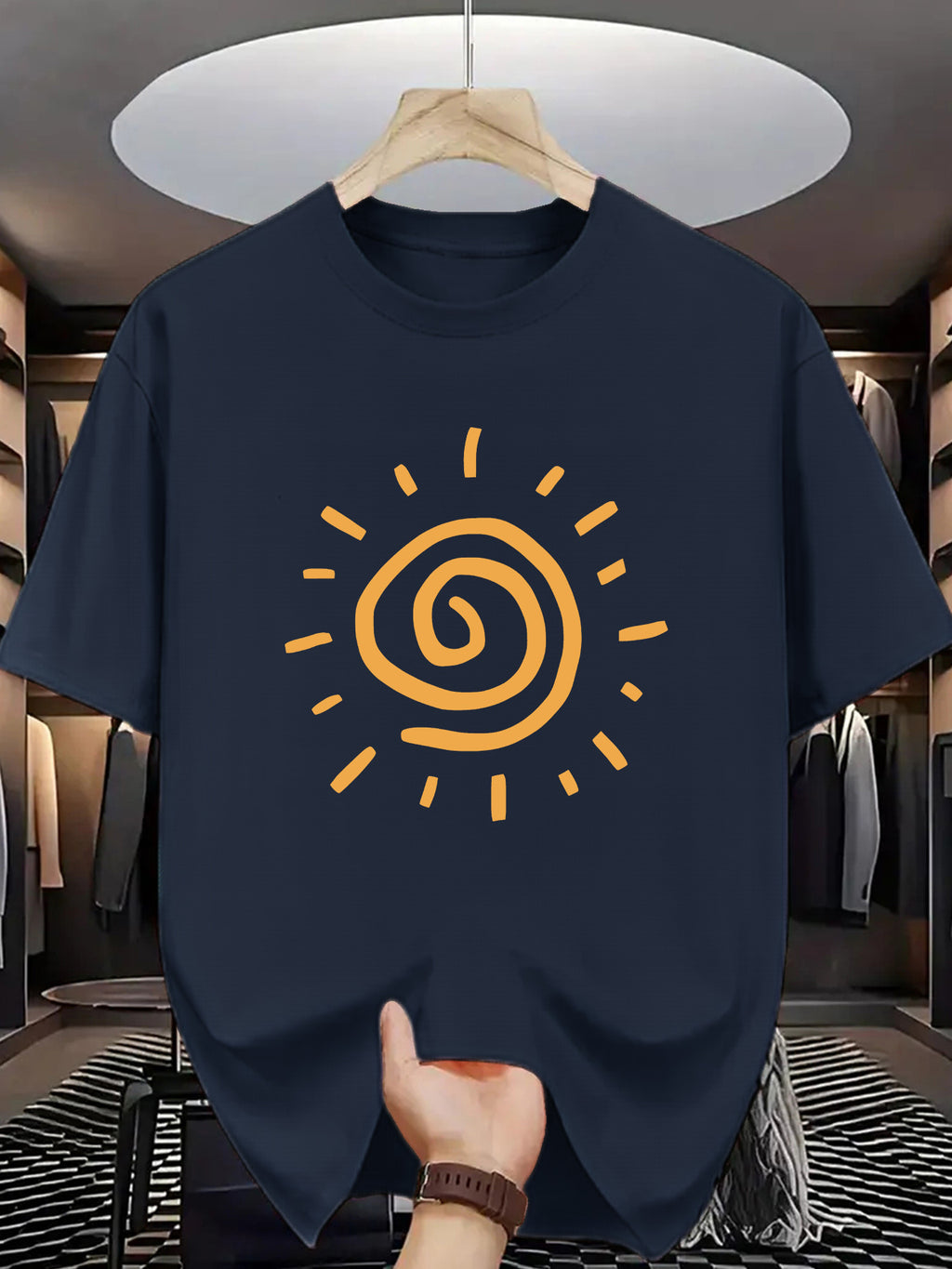 Sunny Energetic Orange Spiral Pattern Short Sleeve T-Shirt, Fresh And Fashionable, Suitable for Outdoor Activities And Daily Wear - Navy Color